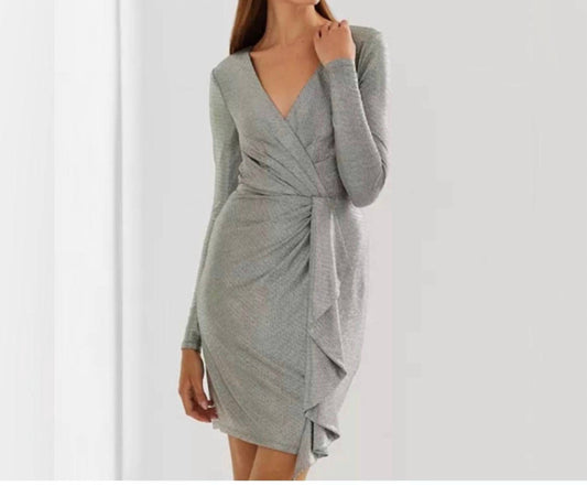 Ralph Lauren - Metallic Knit Faux Wrap Ruffle Dress