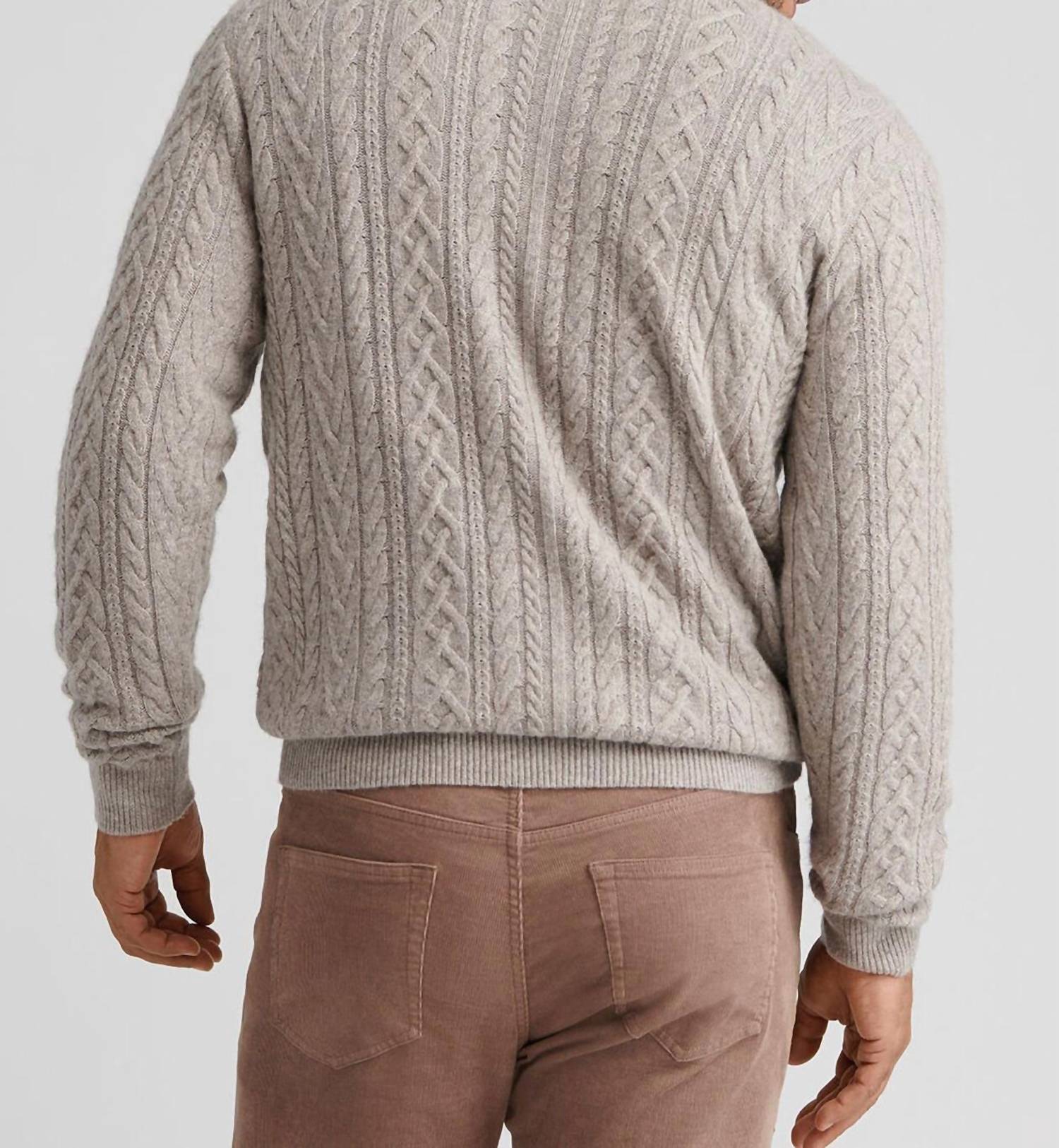 PETER MILLAR Crescent Ridge Cable 1/4 Zip Sweater in light elm - men's sweater - detail view