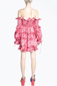 VENUS OFF-THE-SHOULDER SMOCKED CHARMEUSE MINI DRESS