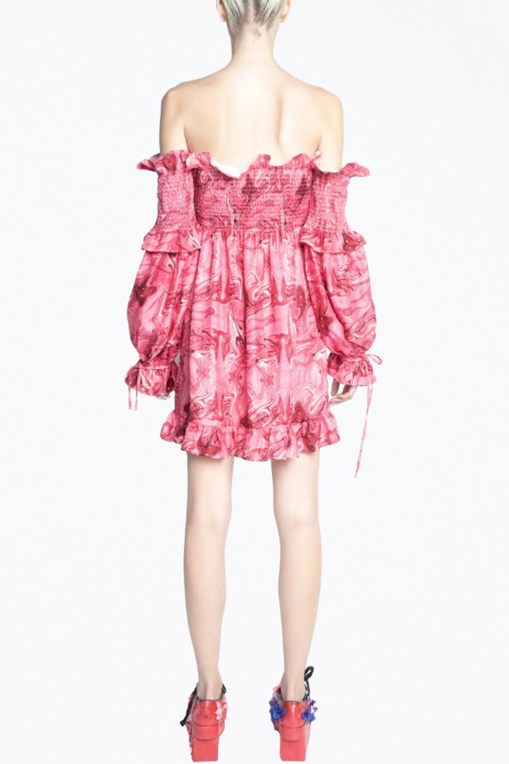VENUS OFF-THE-SHOULDER SMOCKED CHARMEUSE MINI DRESS