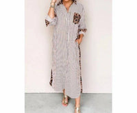Aapparella - Stripe Leopard Patchwork Maxi Shirt Dress