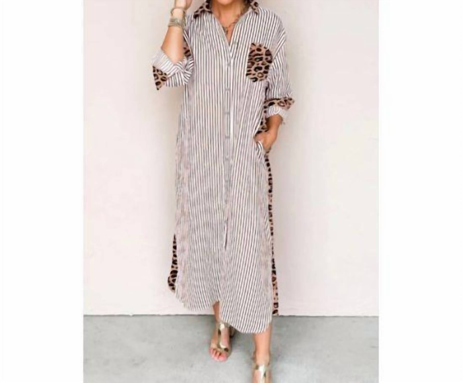 Aapparella - Stripe Leopard Patchwork Maxi Shirt Dress