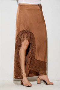 Polagram Mira Asymmetrical Lace Slit Maxi Skirt in chocolate brown - women's skirt - alternate view