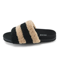 ROAM Women's Fuzzy Stripes Slides in beige black faux shearling - women's shoe - alternate view