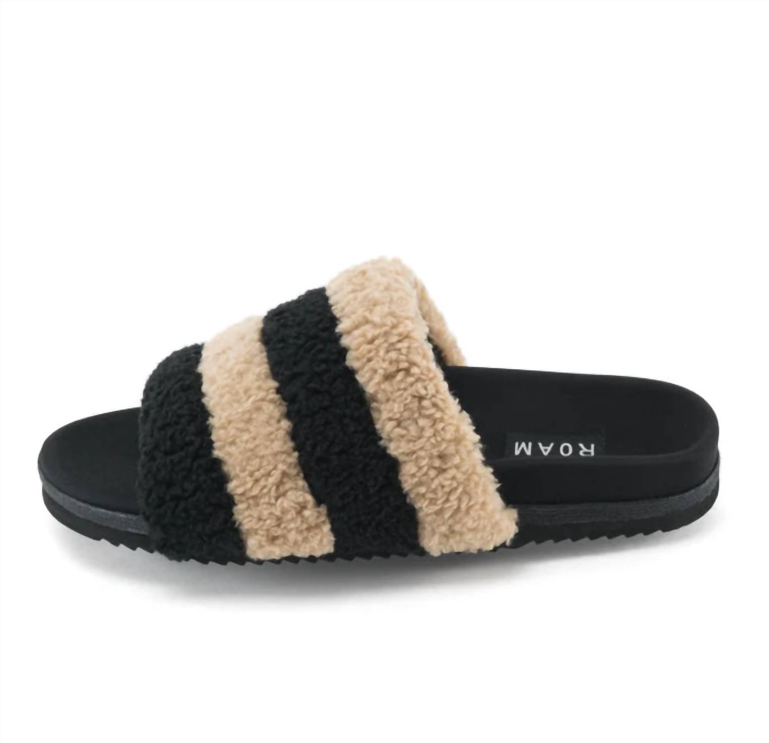 ROAM Women's Fuzzy Stripes Slides in beige black faux shearling - women's shoe - alternate view