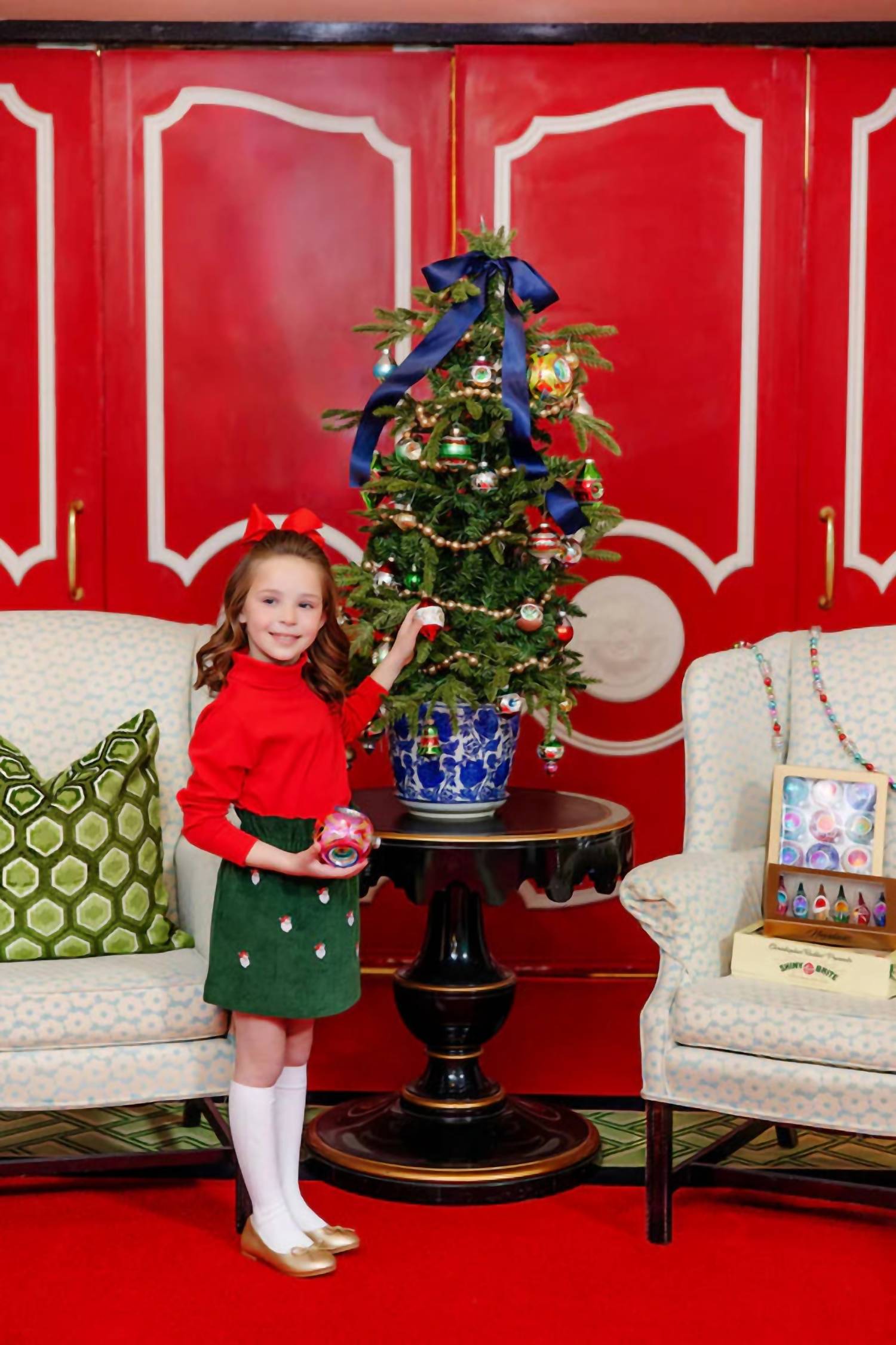 The Beaufort Bonnet Company Girl's Critter Beasley Bag Corduroy Skirt in grier green with santa embroidery - kids' skirt - alternate view