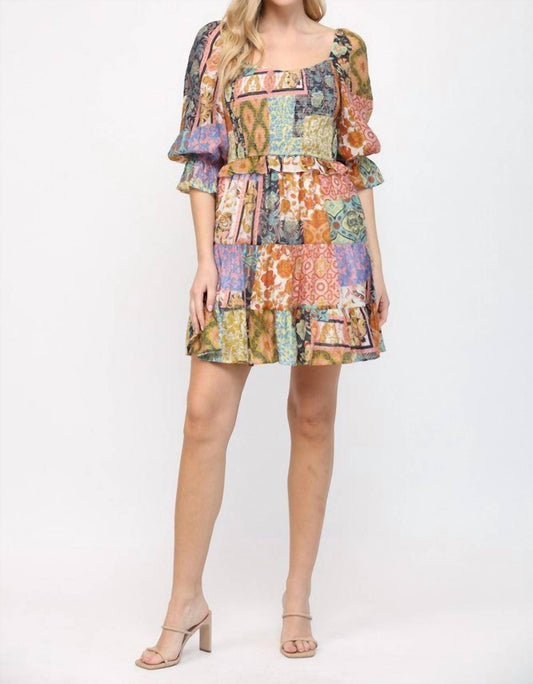 Fate - PATCH WORK PRINT SMOCKED BODICE DRESS