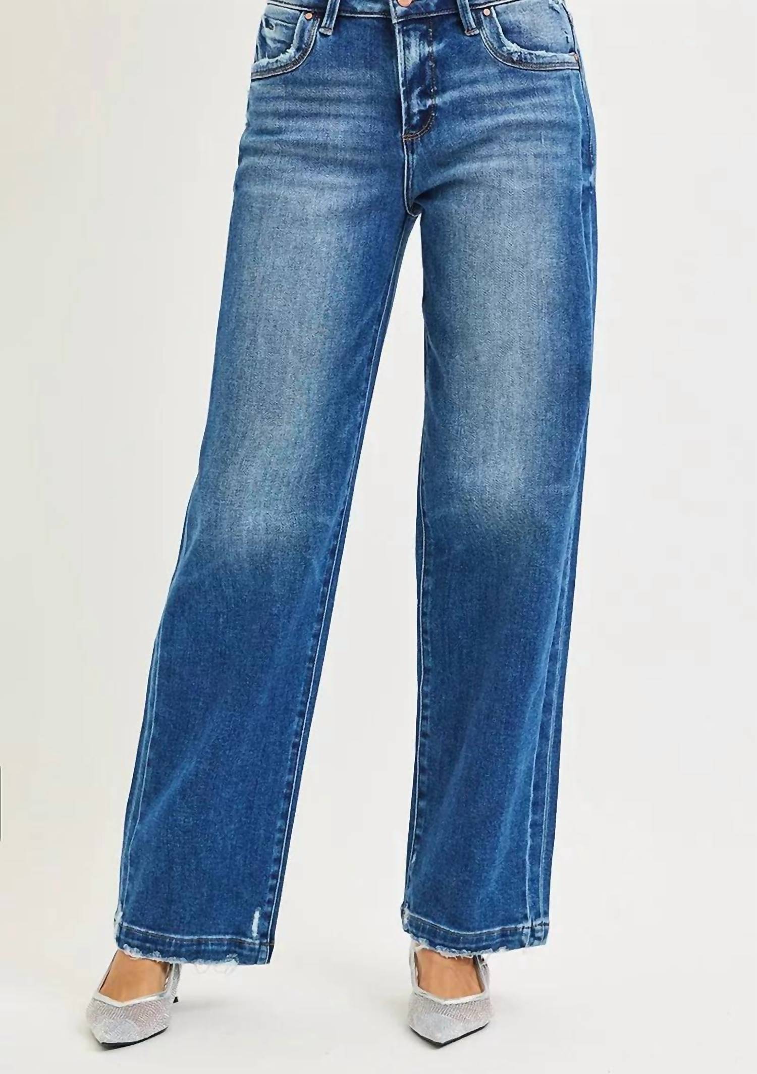 RISEN Slouchy Baggy Pocket Side Seam Detail Jeans in dark wash - women's jeans