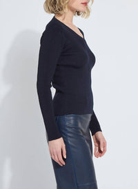Lysse Women's Adette V Neck Ribbed Long Sleeve Sweater in midnight - women's sweater - detail view