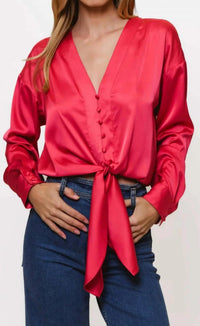 hutch Kass Long Sleeve Tie Top in fuchsia - women's shirt