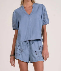 Elan - Short Sleeve Open Work Sleeves V-neck Top