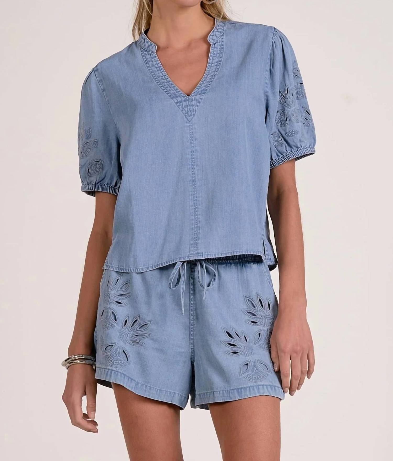 Elan - Short Sleeve Open Work Sleeves V-neck Top