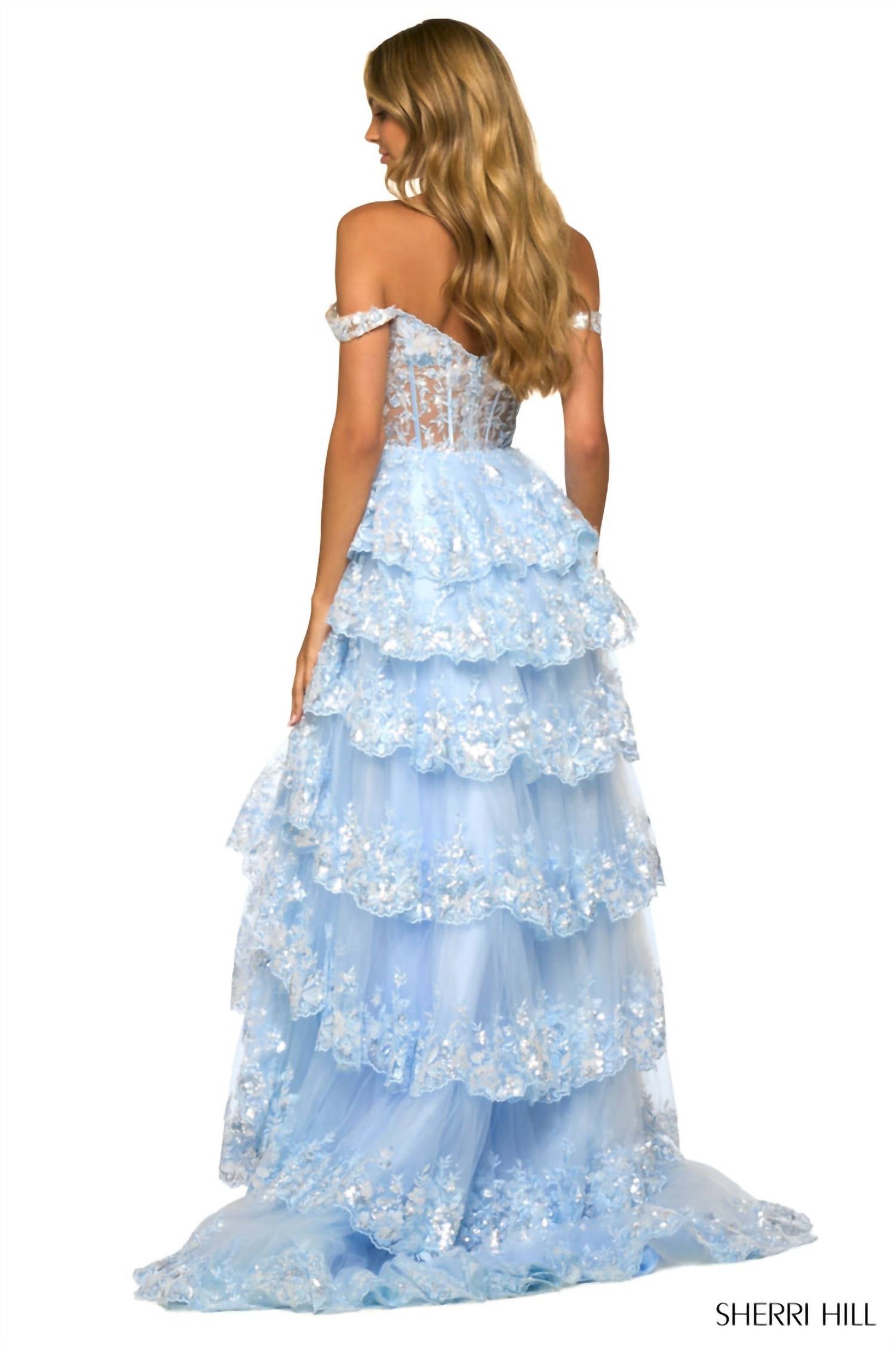 Sherri Hill Layered Skirt Off The Shoulder Dress in light blue - women's dress - alternate view