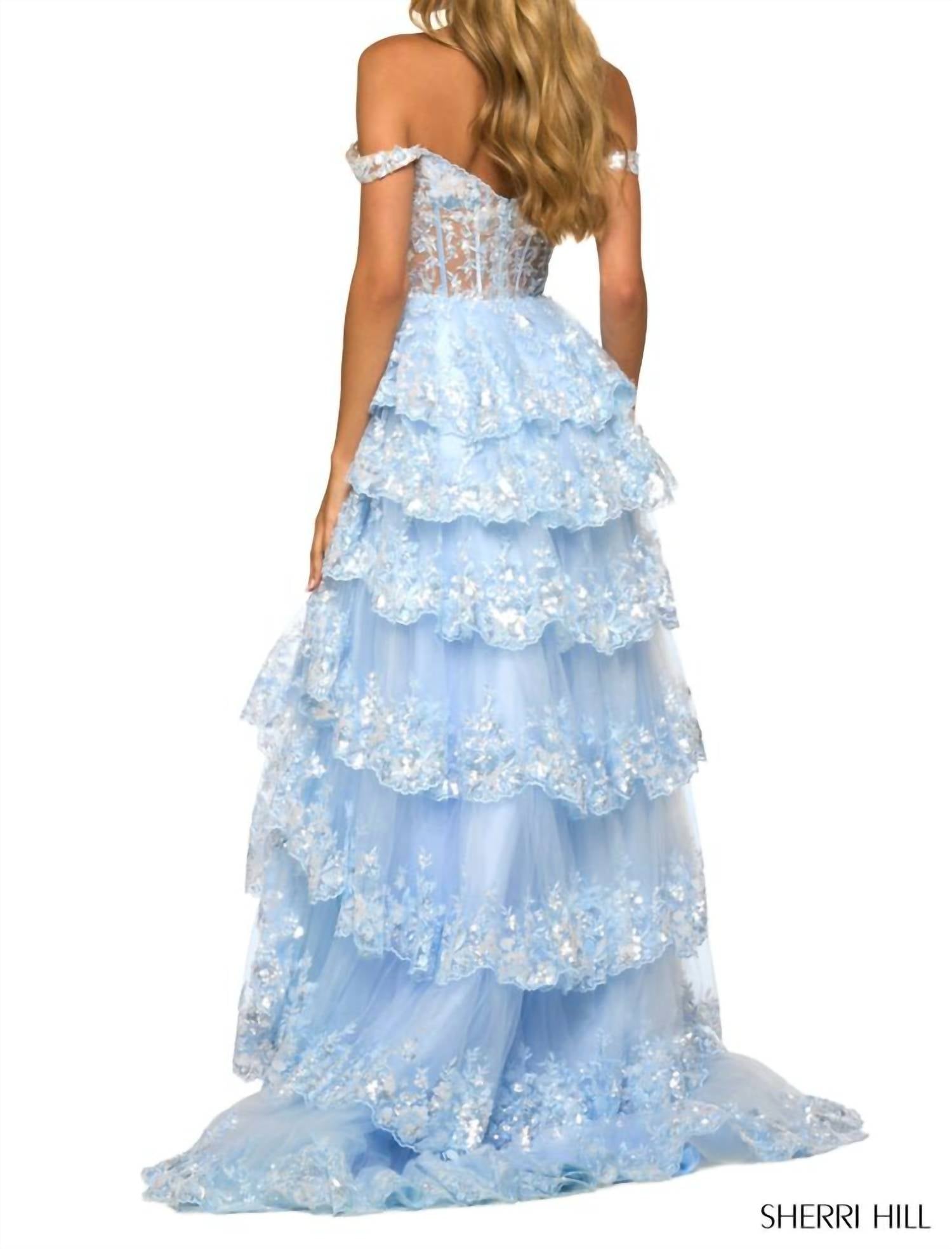 Sherri Hill Layered Skirt Off The Shoulder Dress in light blue - women's dress - detail view