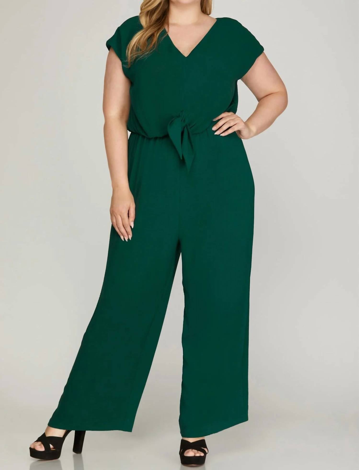 She + Sky - Short Sleeve Tie Front Woven Jumpsuit