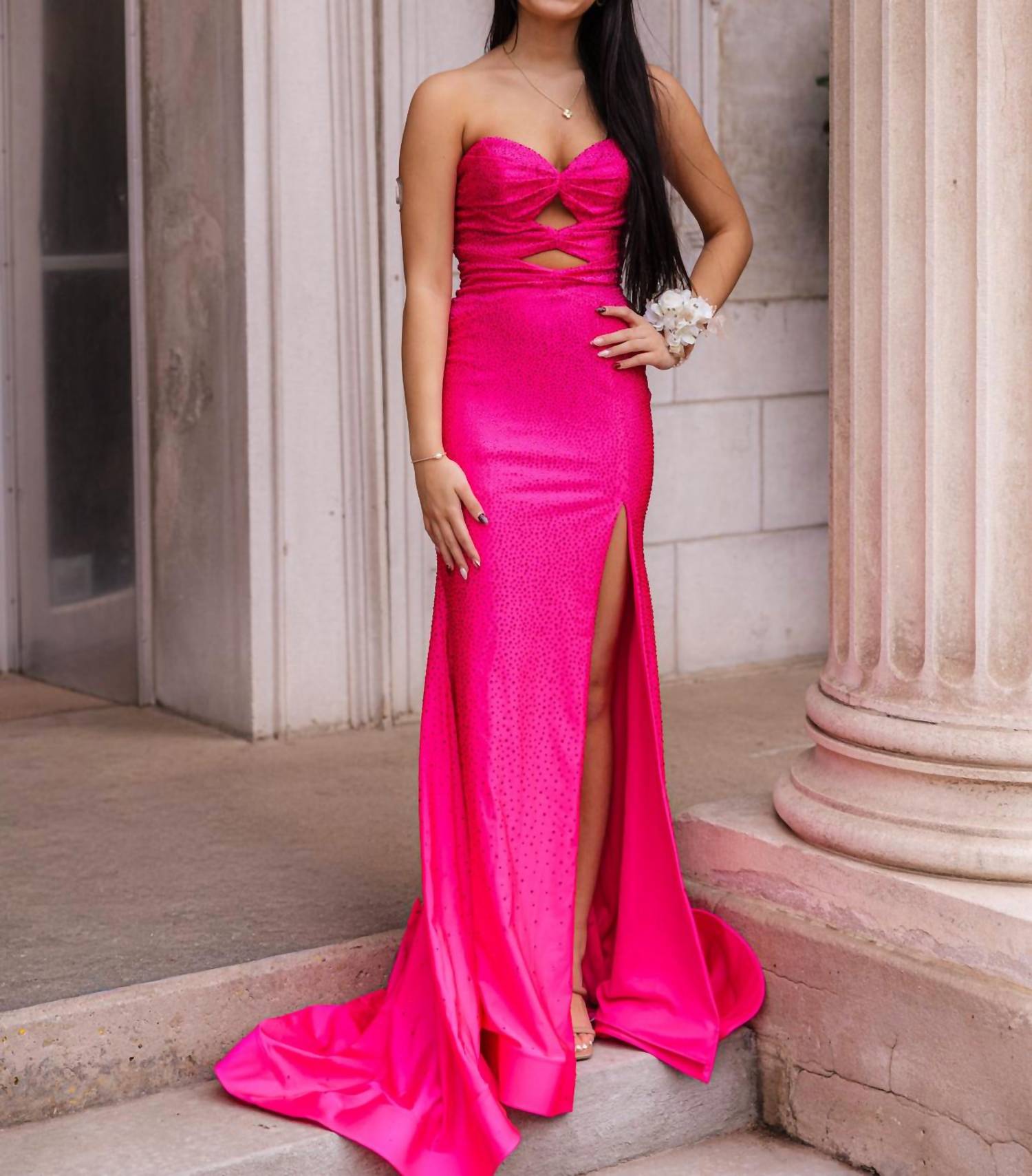 AMARRA Stunning Strapless Prom Dress in bright fuchsia - women's dress - detail view