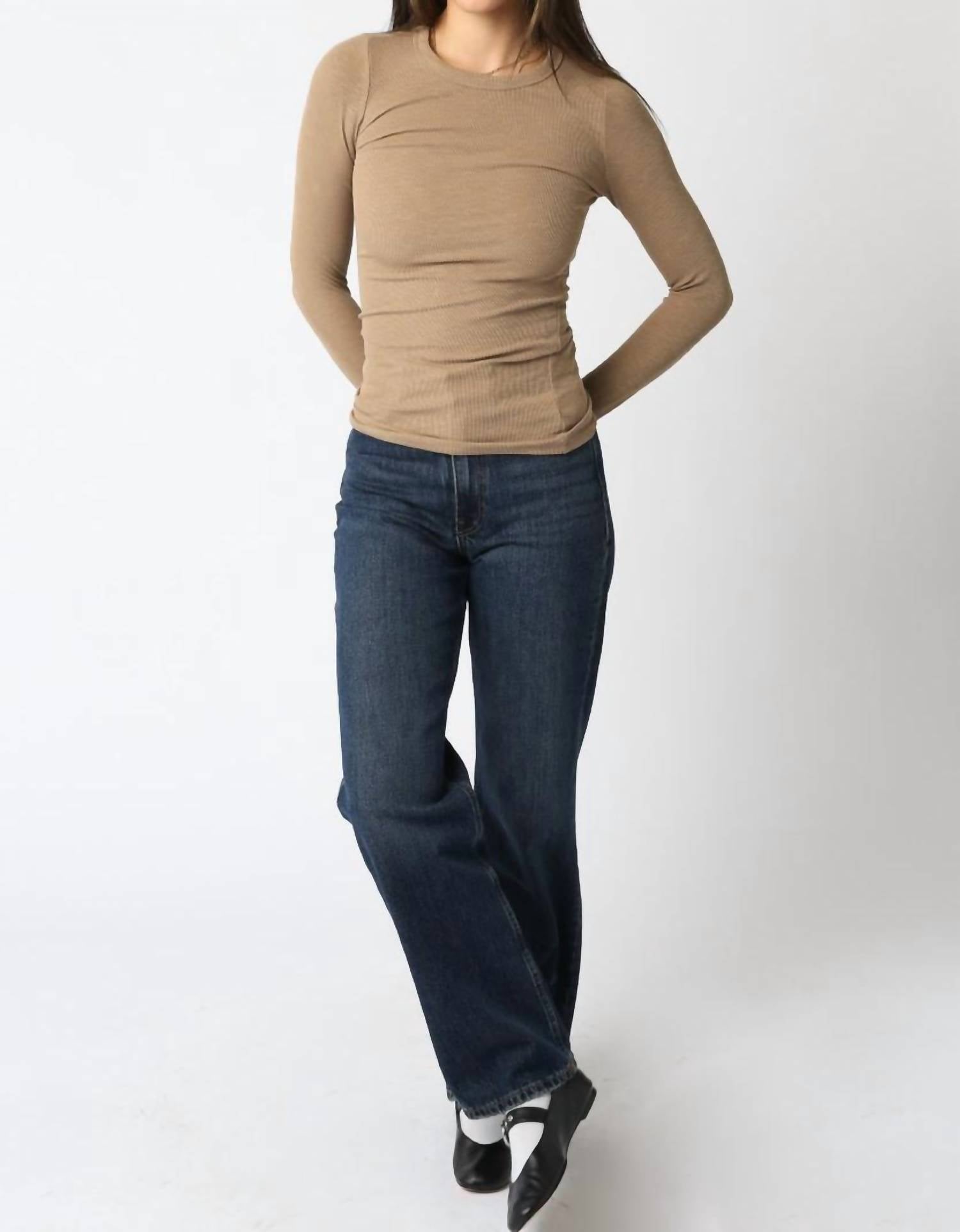 OLIVACEOUS Cassie Long Sleeve Ribbed Top in desert - women's long sleeve top - alternate view