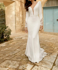 Sincerity - Plunging Crepe Fit And Flare Wedding Gown