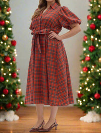 entro Plaid Puff Sleeve Midi Dress With Waist Tie - Plus in holiday red - women's dress - detail view