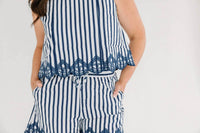 Skies Are Blue - Sleeveless Striped Top With Embroidery Hem