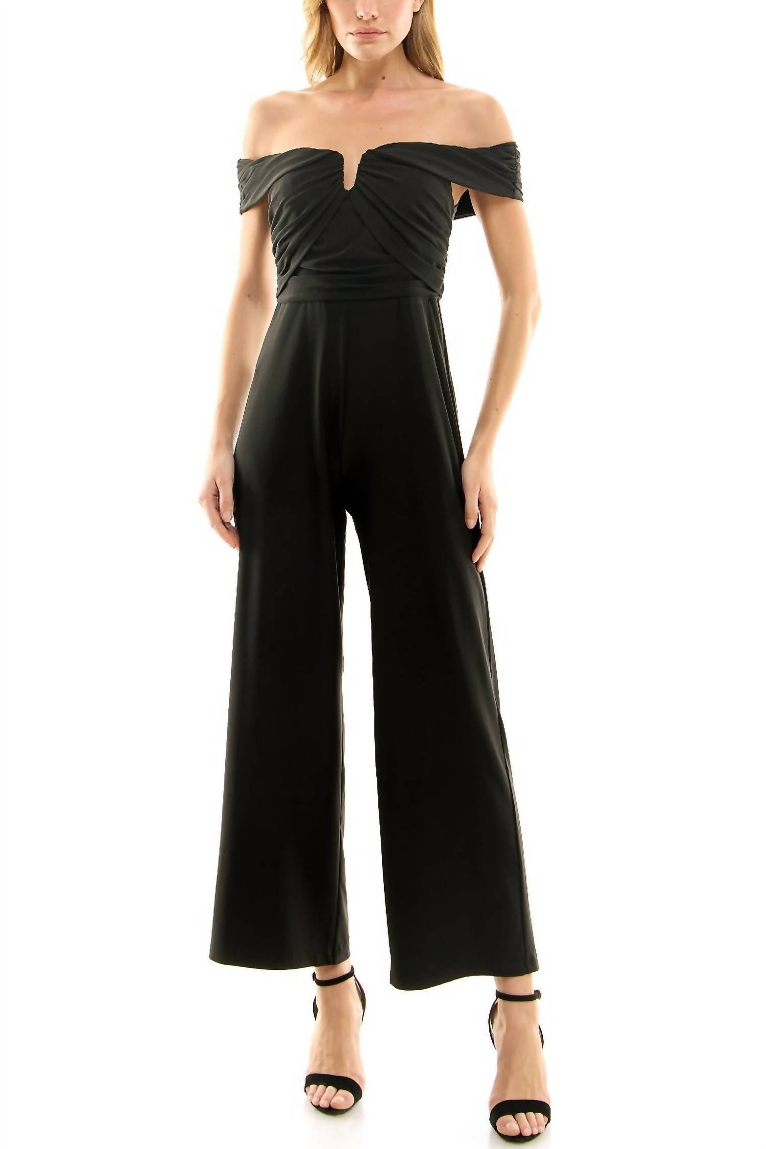 Nicole Miller - Off Shoulder Ruched Front Solid Scuba Jumpsuit