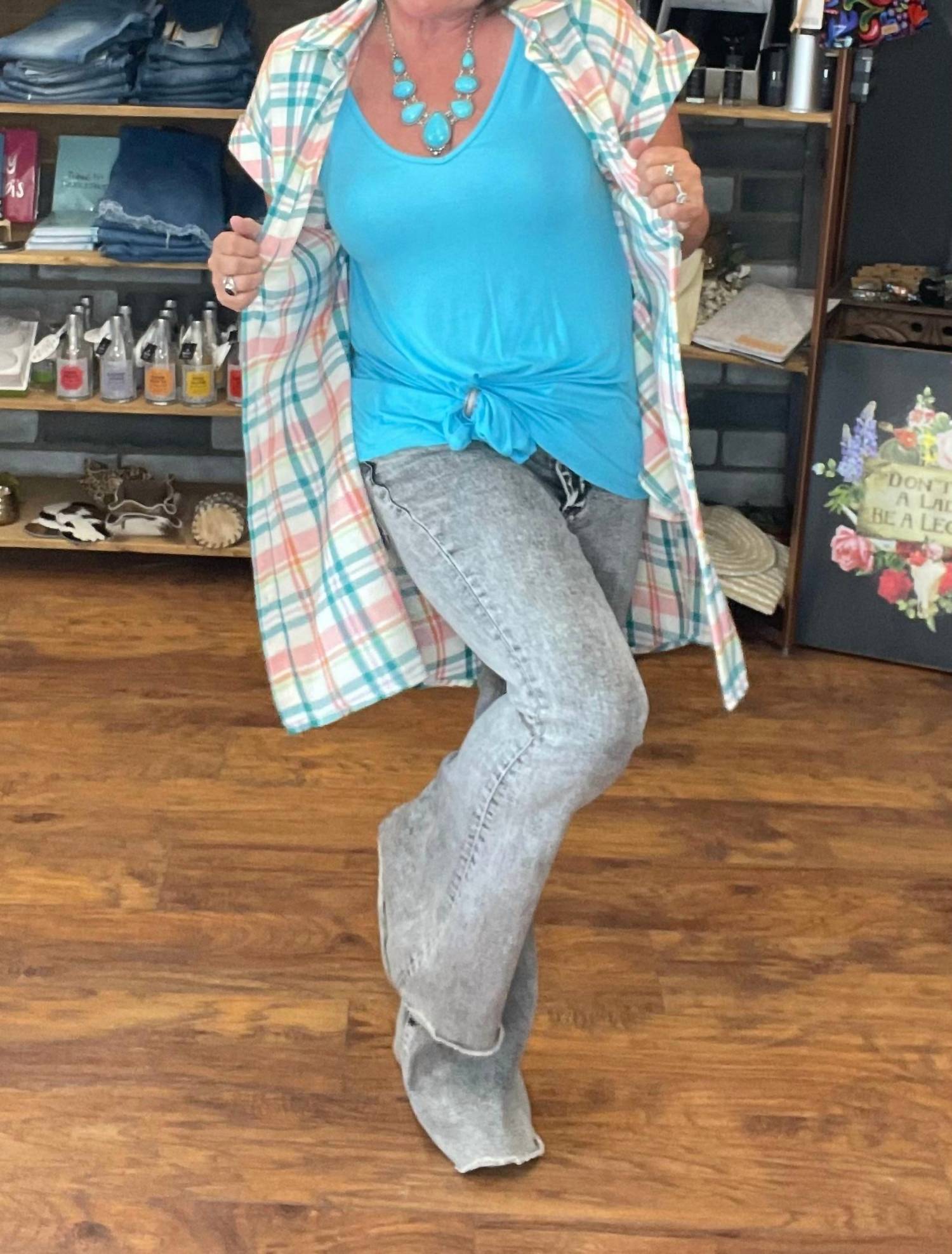 ANDREE BY UNIT Playful Button-up Plaid Shirt in blue multi - women's shirt - alternate view