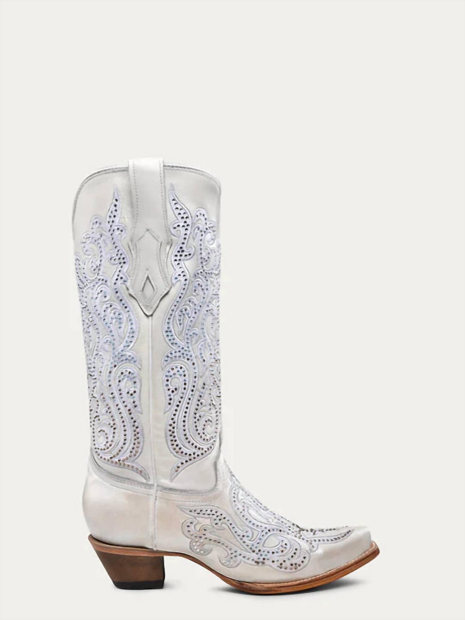 Corral Women's Embroidery Crystal Tall Boots in white - women's shoe - detail view