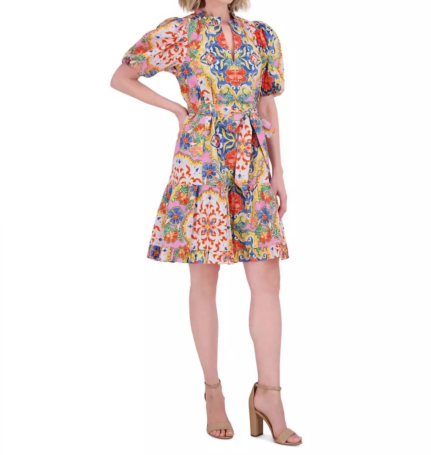 VINCE CAMUTO Women's Printed Cotton Ruffle Dress in multi - women's dress - detail view