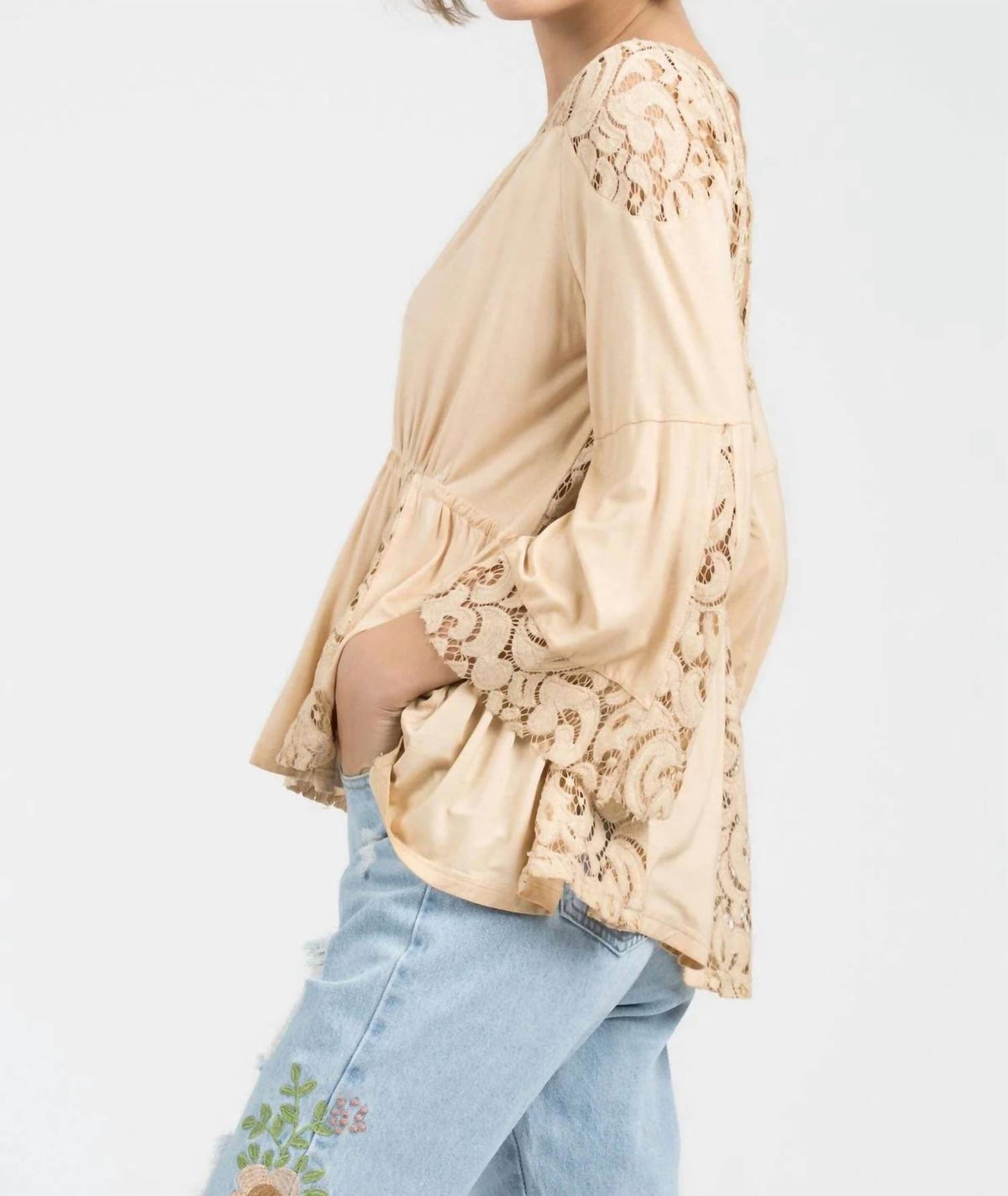 Pol - Lace Panel Peasant Top