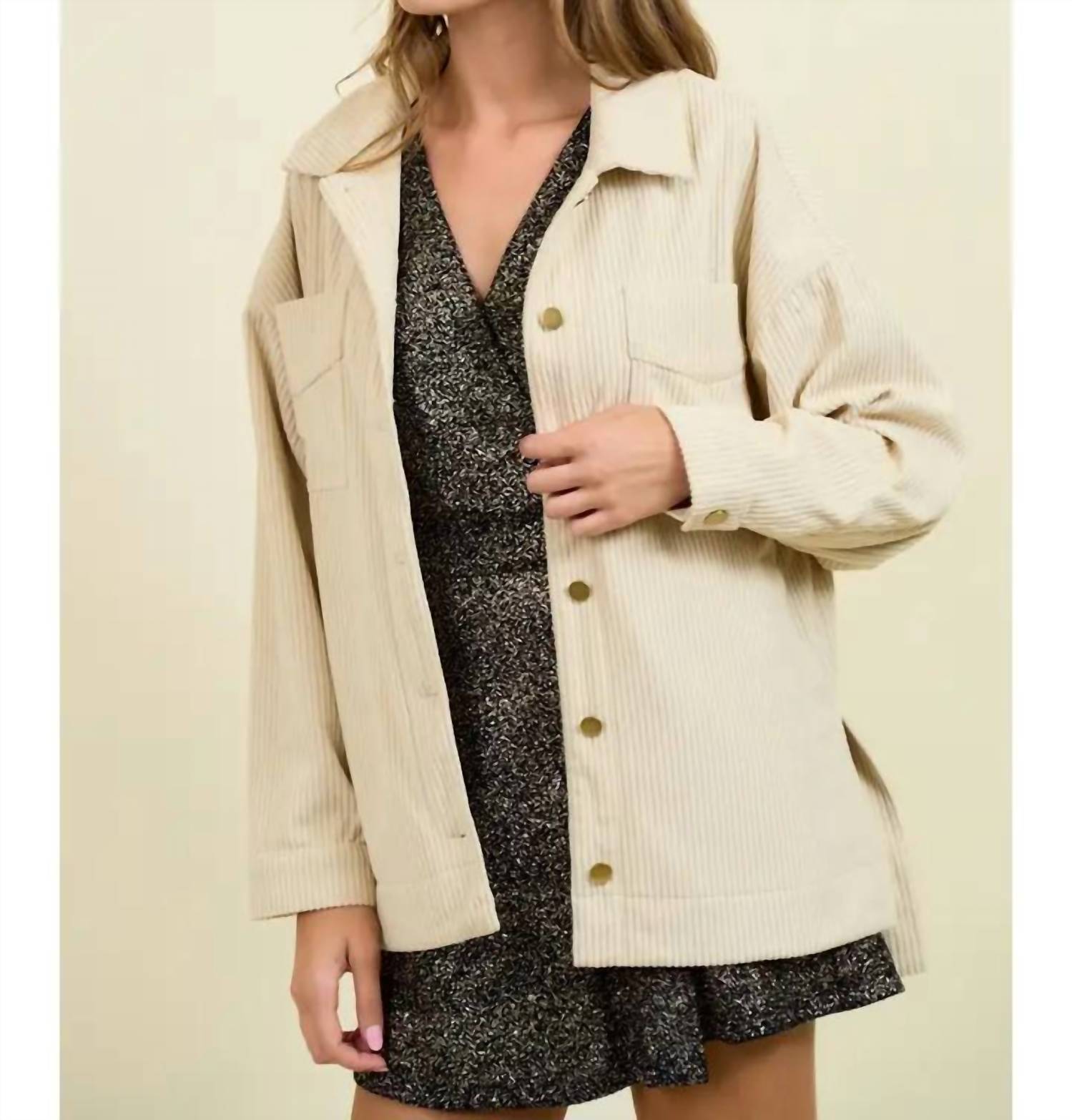 Doe and Rae Corduroy Front Button Down Oversized Jacket in cream - women's jacket - detail view