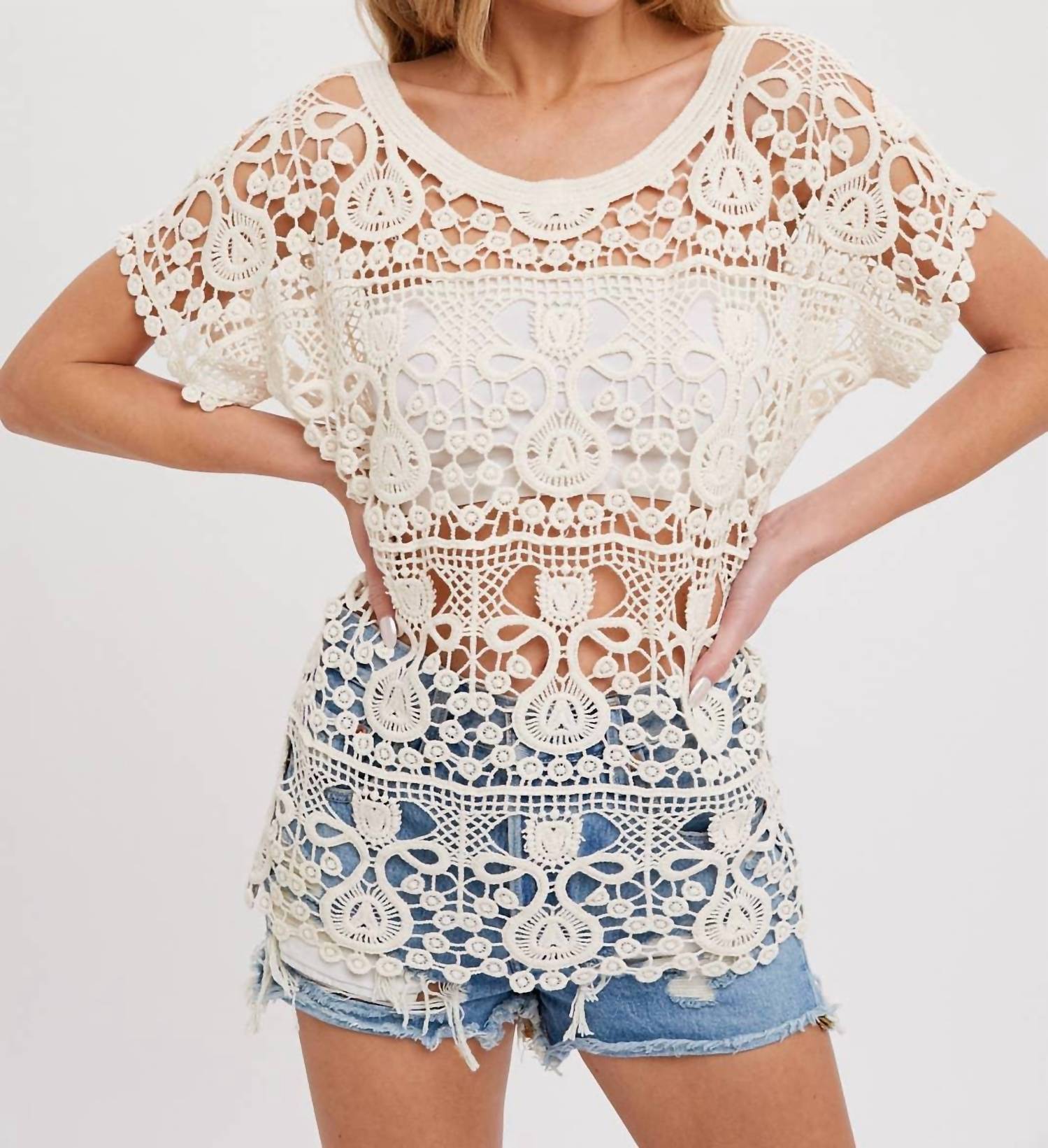 Bluivy - Crochet Lace Scoop Neck Layering Top