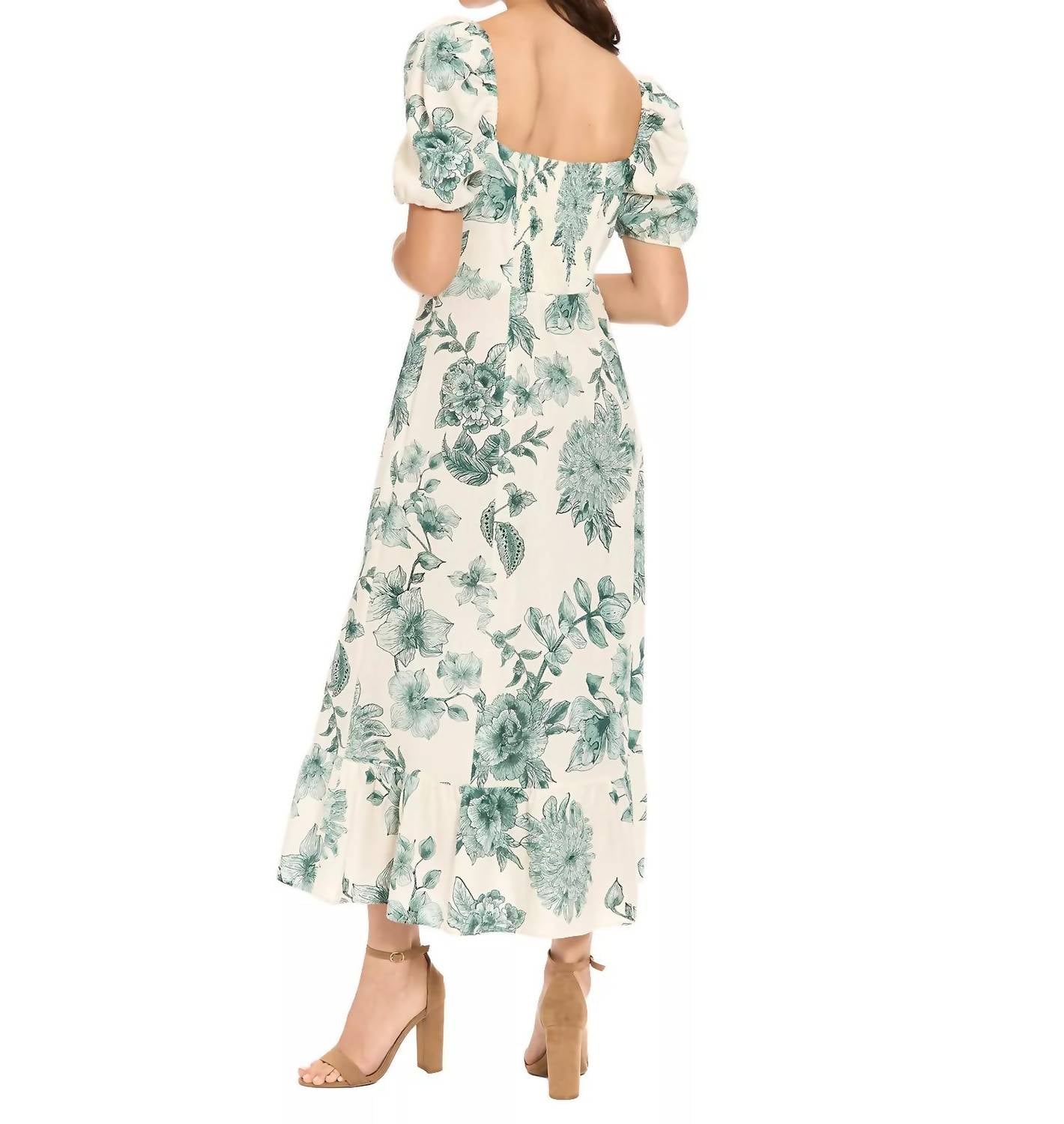 London Times - Square Neck Puff Sleeves Midi Dress