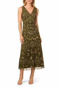 Adrianna Papell - V-neckline A-line Midi Dress