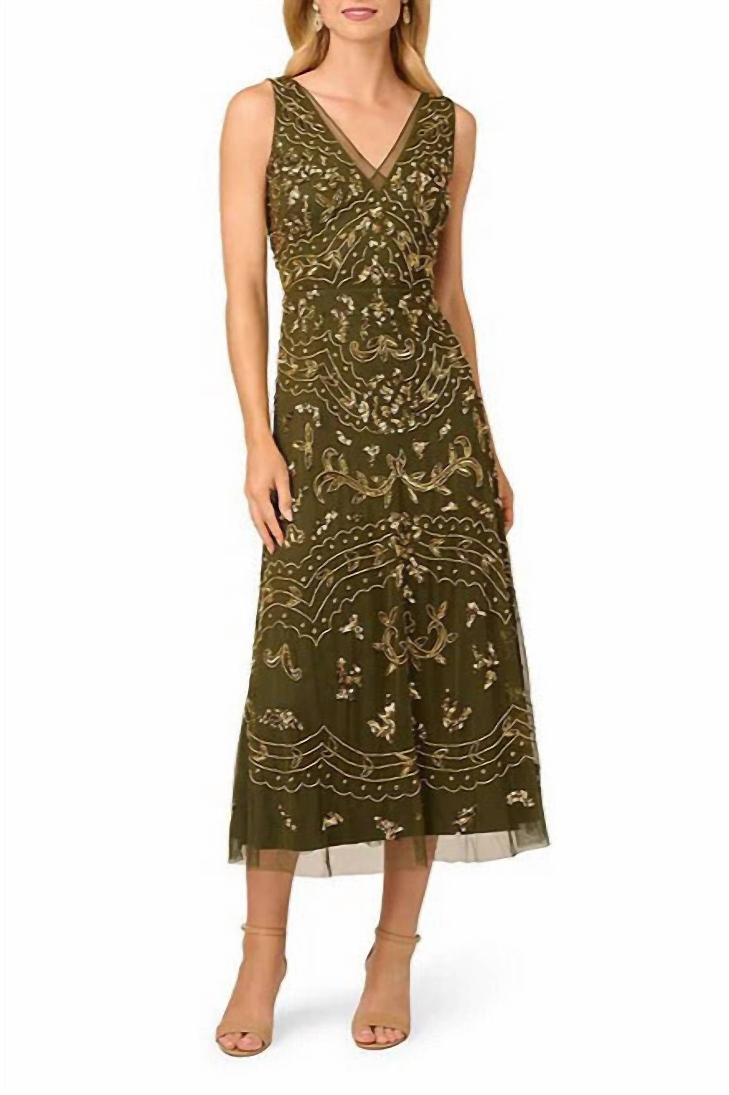 Adrianna Papell - V-neckline A-line Midi Dress