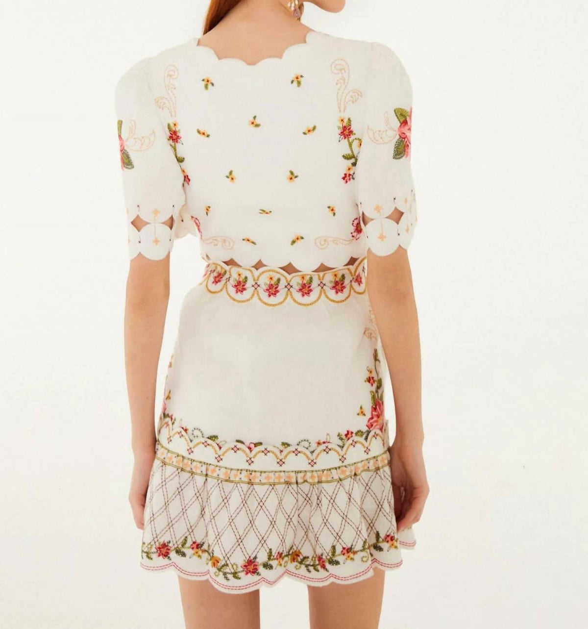 Farm Rio - Flower Embroidery Scalloped Mini Dress