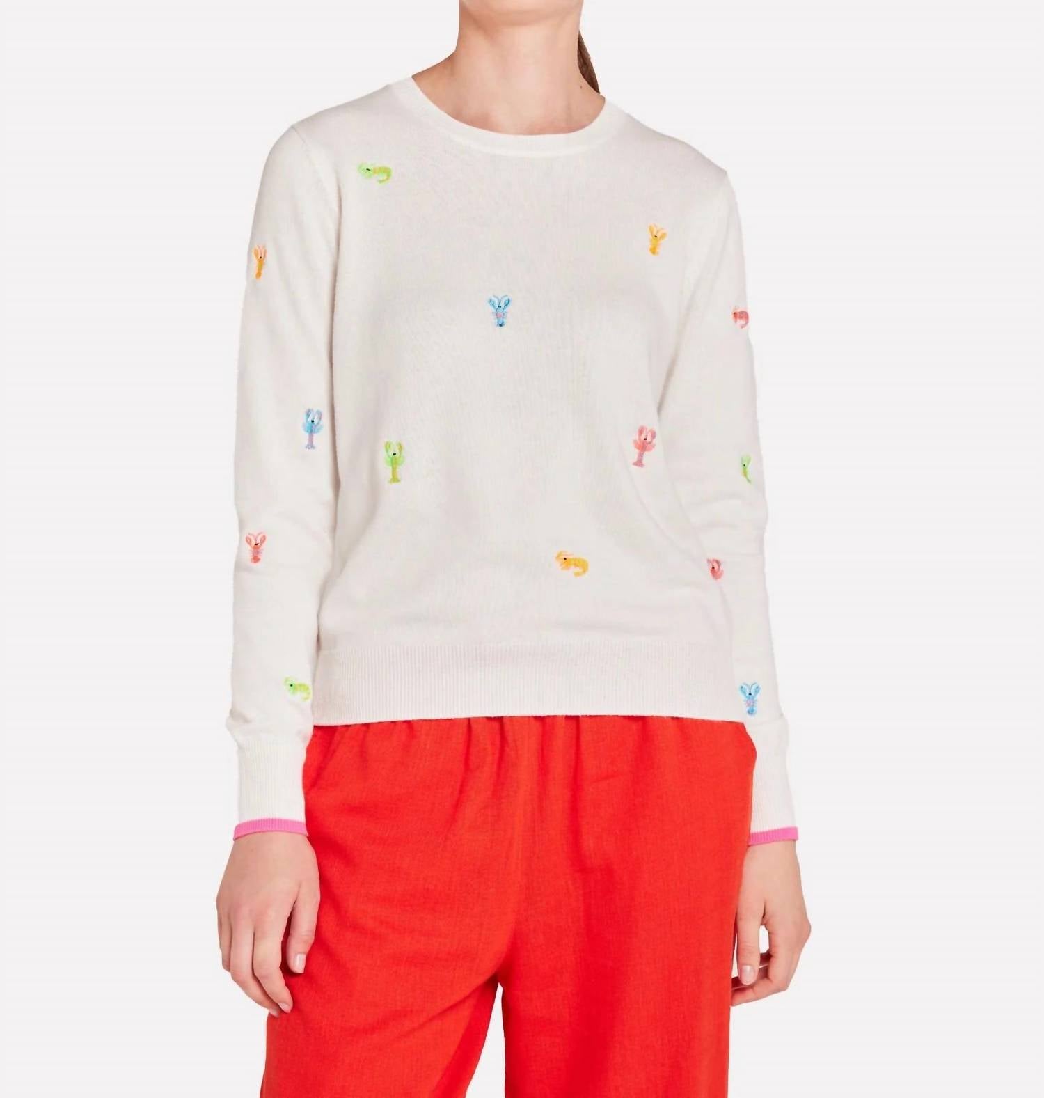 Brodie Cashmere Lobster Embroidered Crew Sweater in white - women's sweater