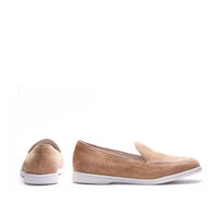 Michele Lopriore Womens Lori Slip On Comfort Loafers in suede camel - women's flats - detail view