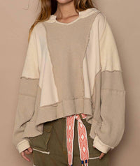 Pol - Notched Neck Contrast Long Sleeve Top
