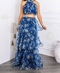 Surelymine - Tiered Ruffle Two-piece Set Halter Crop Top & Maxi Skirt