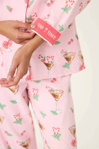 PJ Salvage Tini Time Drink Print 3-Piece Flannel PJ Set in ballet pink - women's intimate - detail view