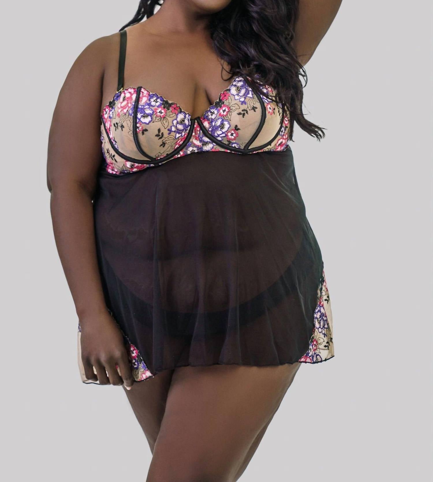 Oh La La Cheri - Nadia Embroidered Babydoll Nightwear - Plus