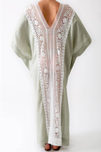 Miguelina - Brea Flower Lace Trim Caftan Maxi Dress