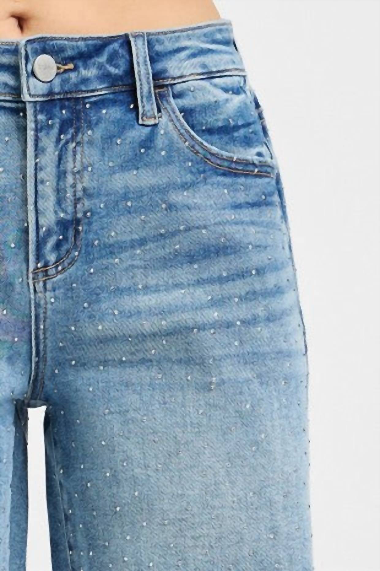 Risen - Justine Rhinestone Mid Length Jean Shorts
