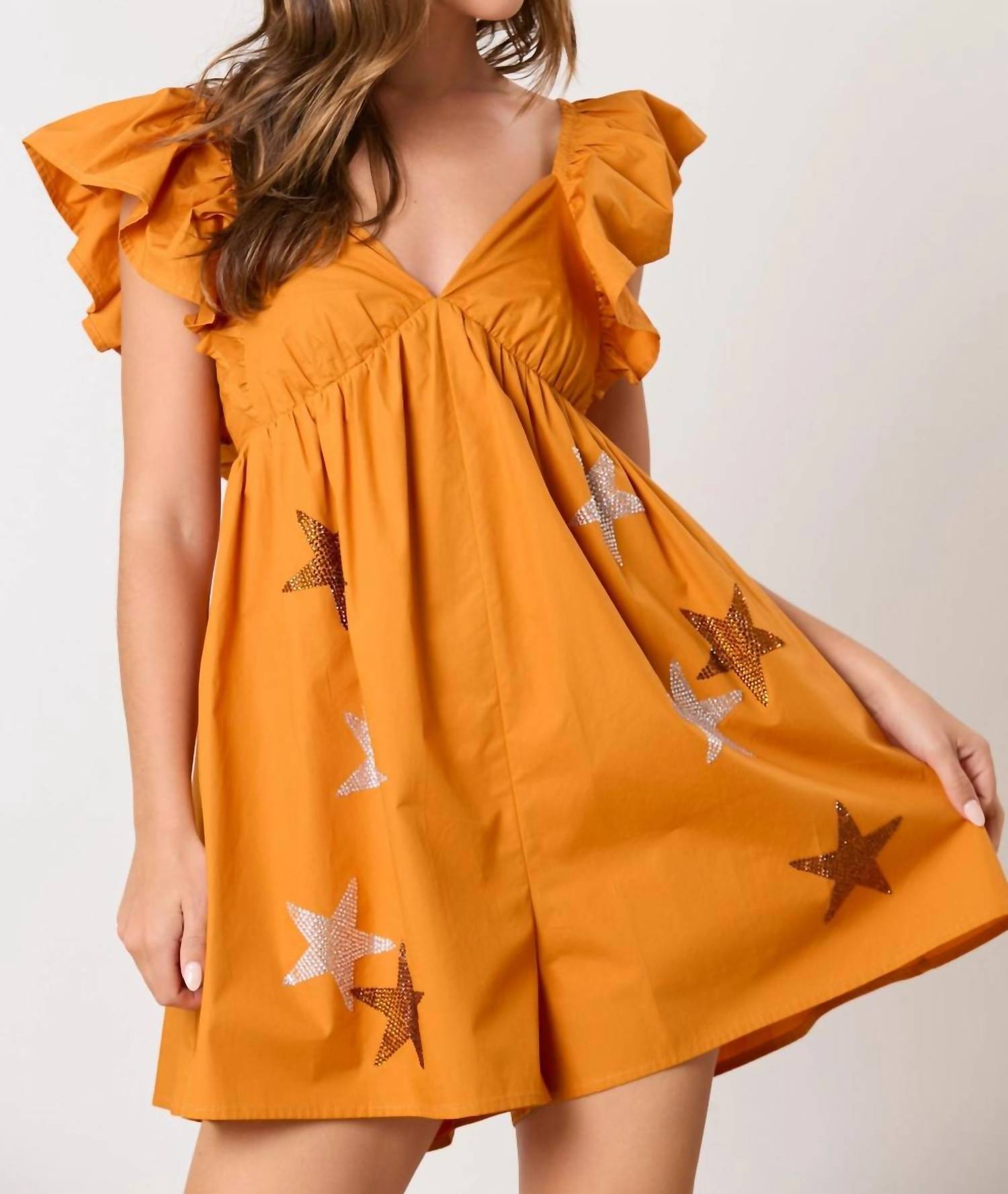 Peach Love - Sequin Stars Rhinestone Ruffle Sleeve Romper