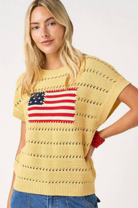 Mittoshop - AMERICAN FLAG PATCH SHORT SLEEVE KNIT SWEATER TOP