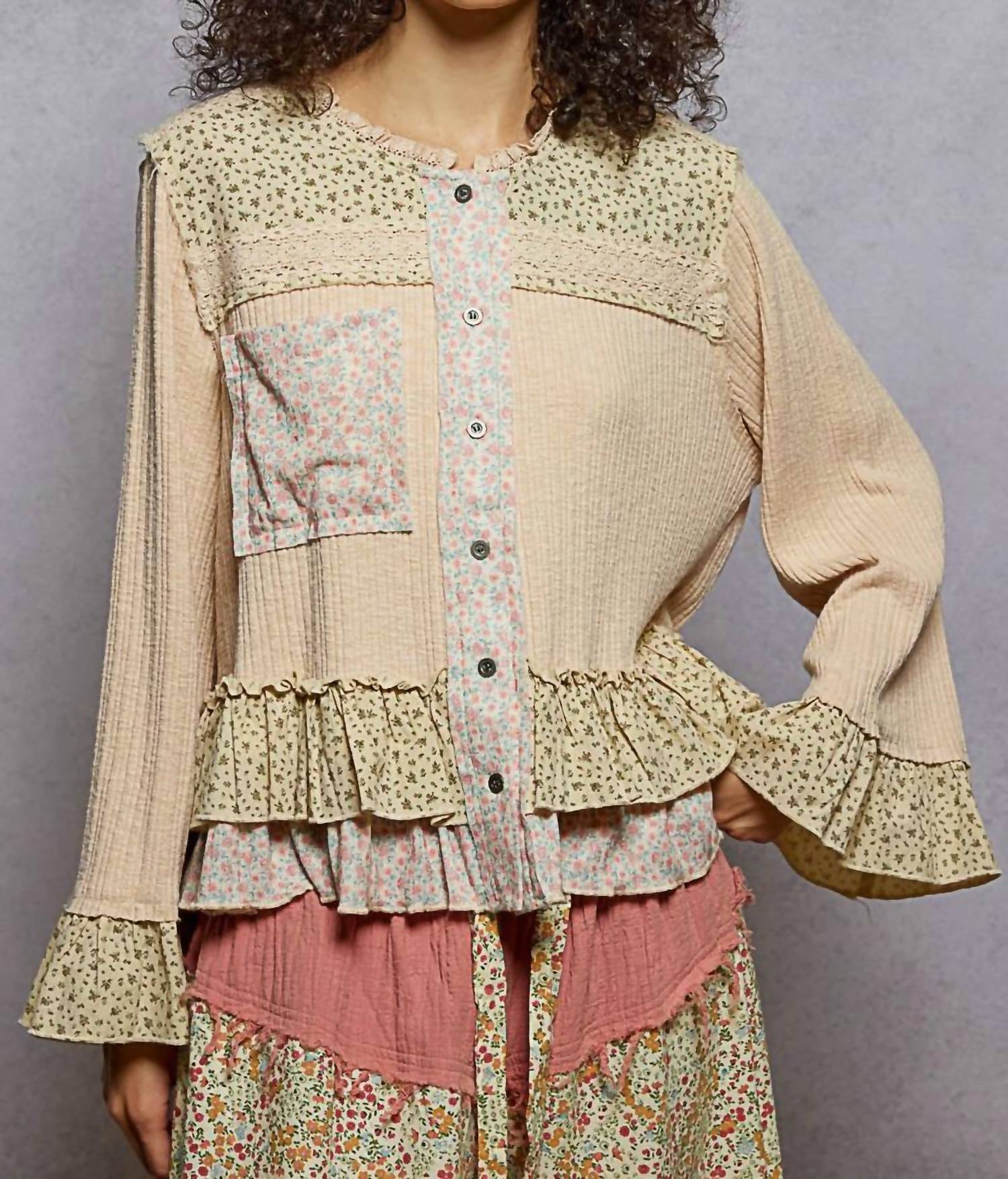 POL Floral Ruffle Full Sleeve Top in cream - women's blouse