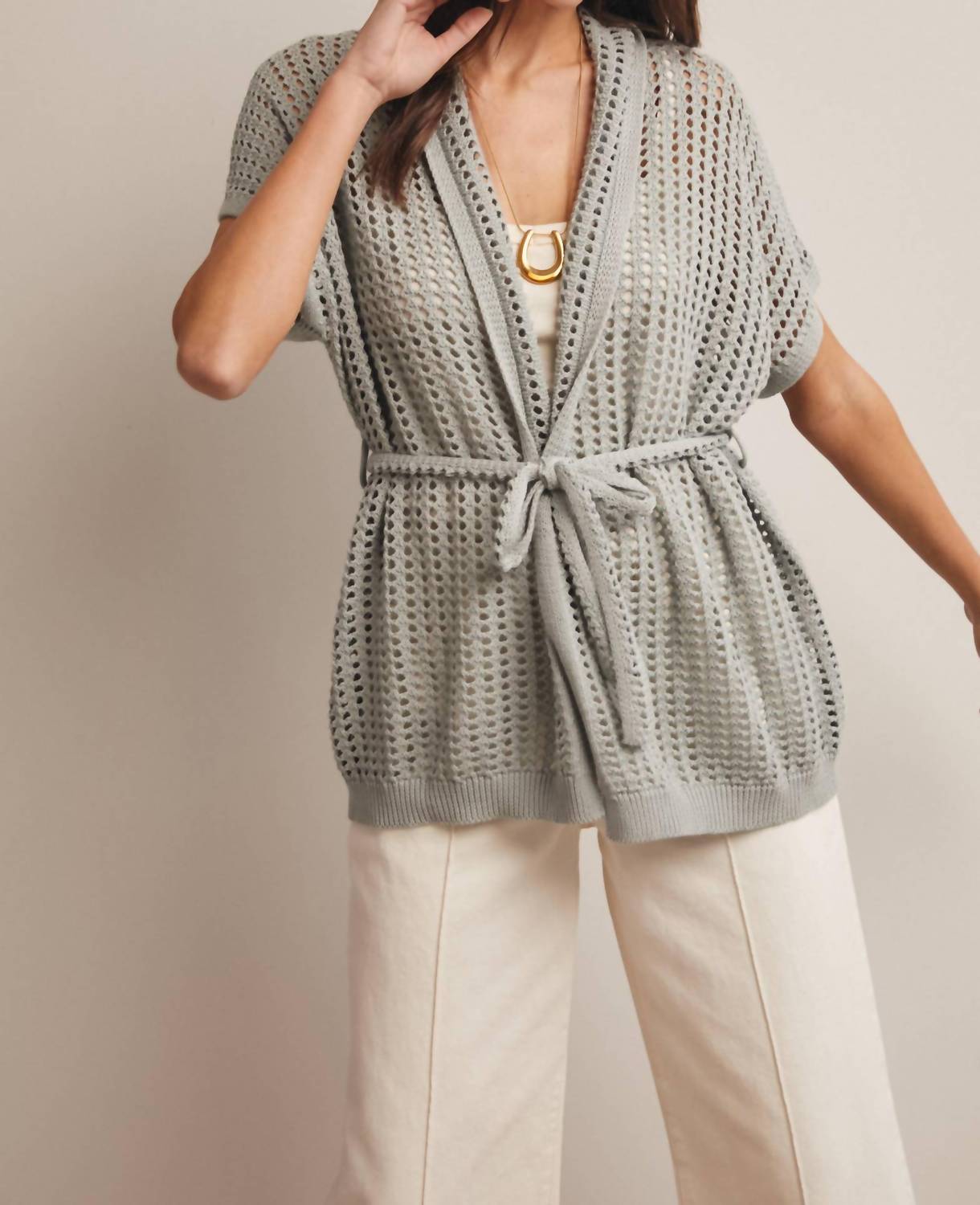 Forte Open Knit Belted Cardigan in seafoam - women's cardigan - detail view