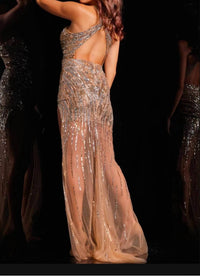 Jovani - Halter Sequin Fitted Slit Gown