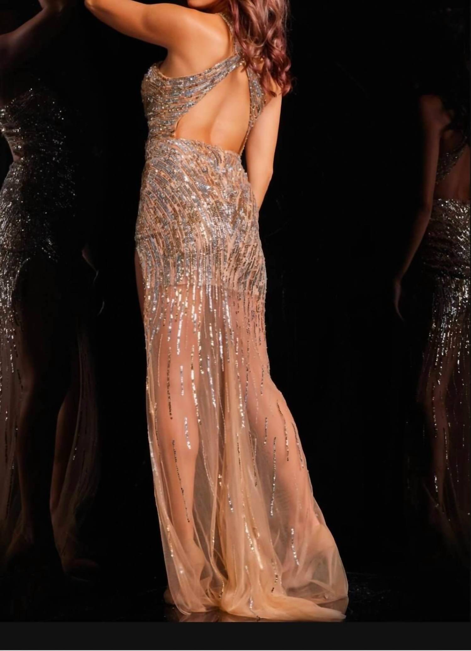 Jovani - Halter Sequin Fitted Slit Gown