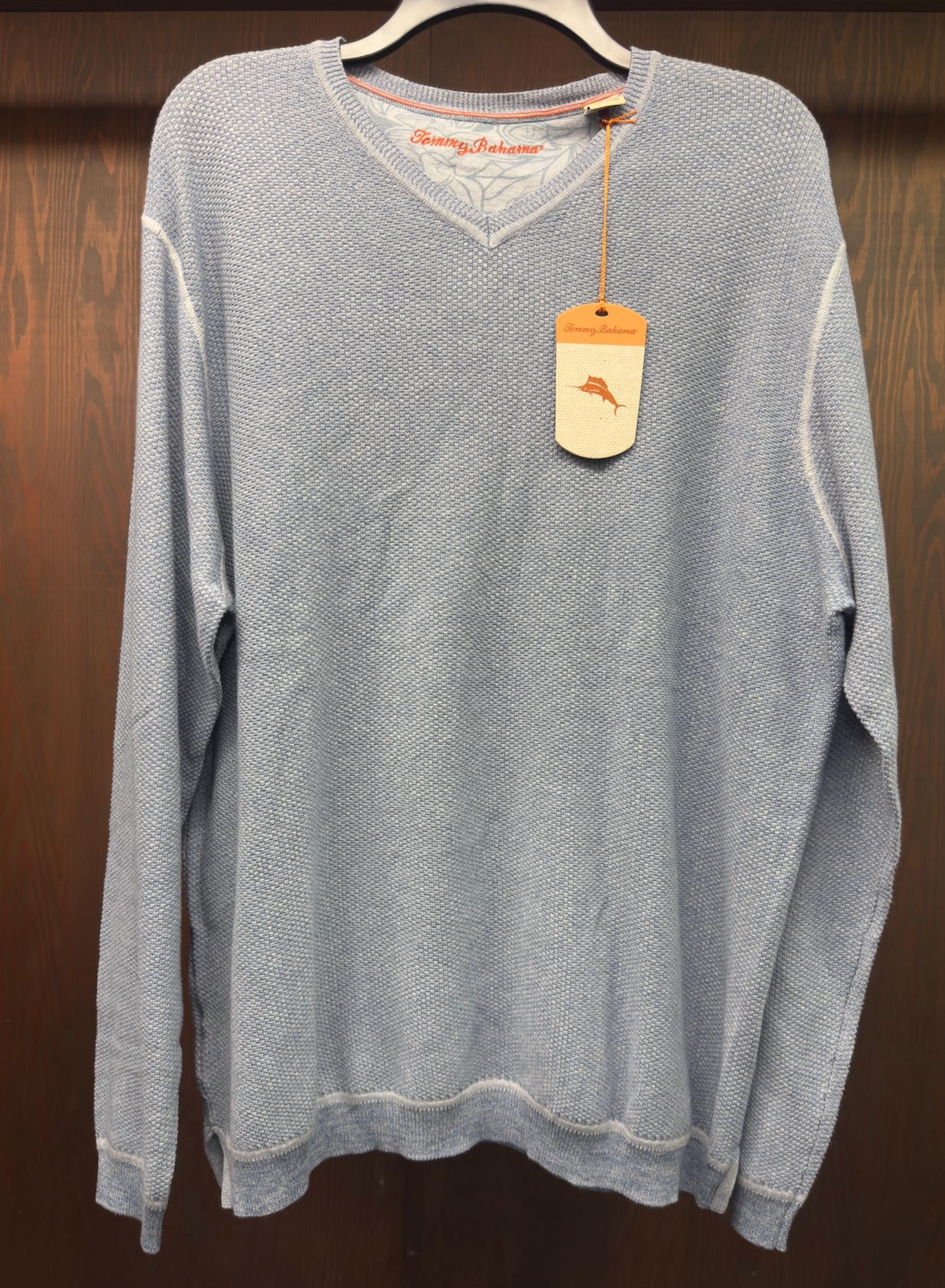 TOMMY BAHAMA Men's Seaside Avenue V-neck Cotton Sweater in serenity - men's sweater - detail view